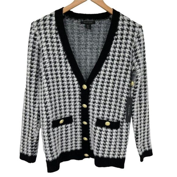 Tahari Houndstooth Eyelash V-Neck Button Up Cardigan Sweater Soft White Black XS - Picture 1 of 10